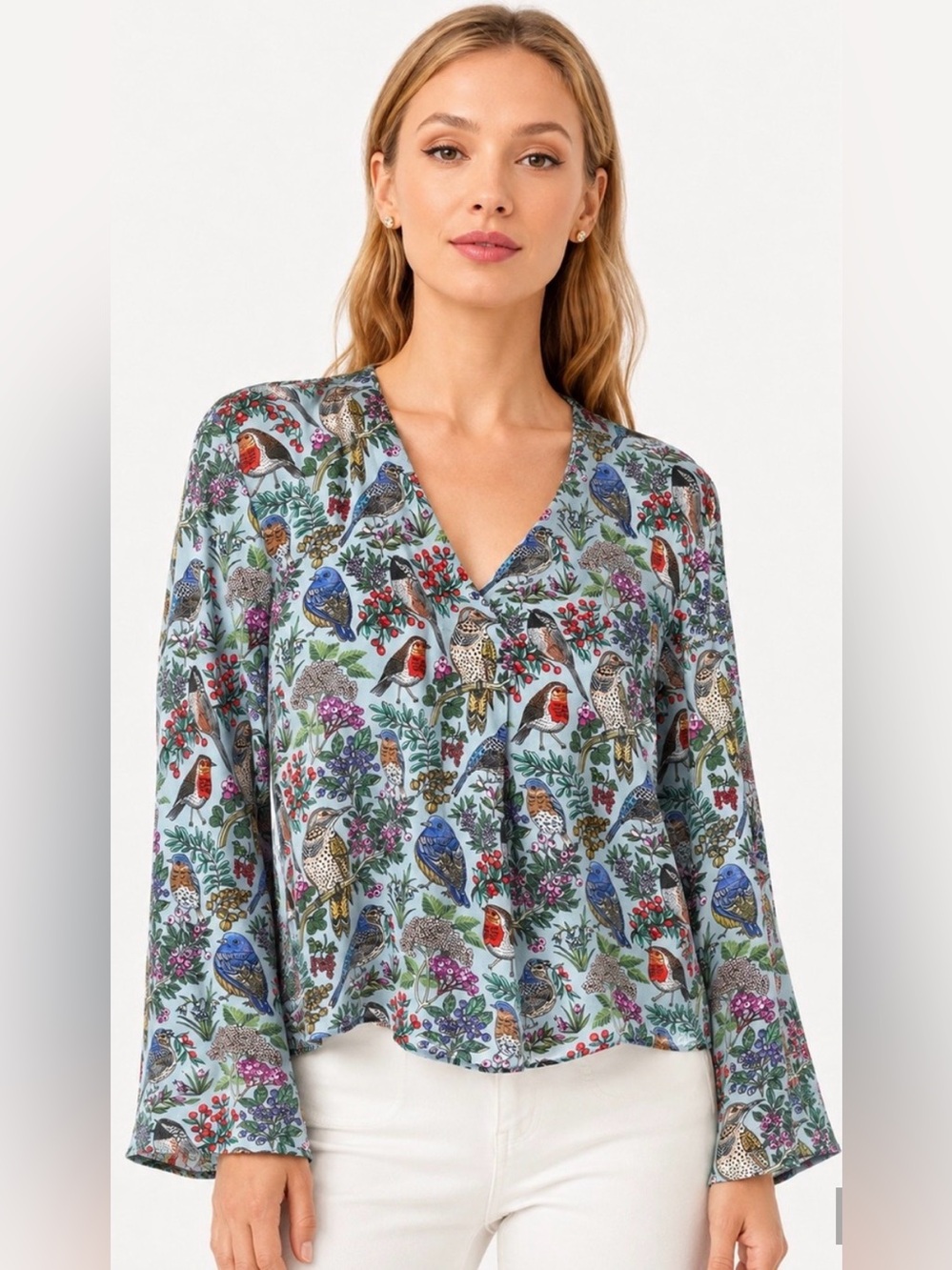 J.Jill Perched Birds Printed Popover Blouse Blue XS ECOVERO